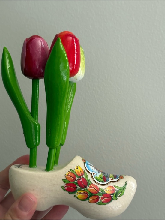 Other - Hand-Painted Dutch Wooden Clog Vase with Tulip Stems - Red, Pink, Yellow, Green